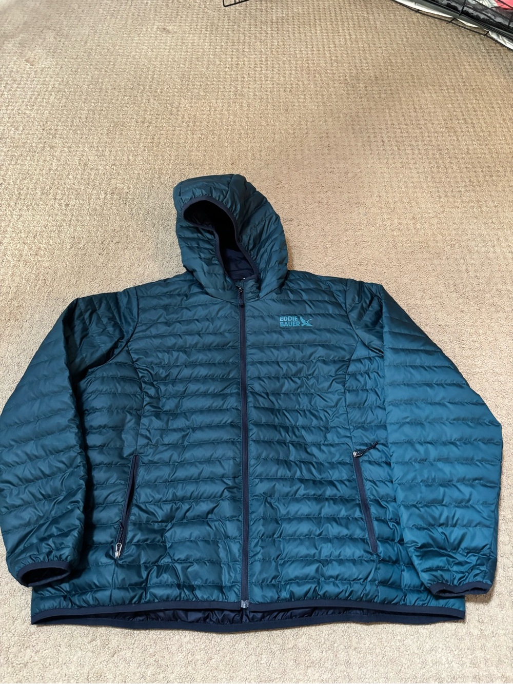 Eddie Bauer Men's 2XL EB650 Down Hoodie Puffer Jacket Teal Blue-Green Packable